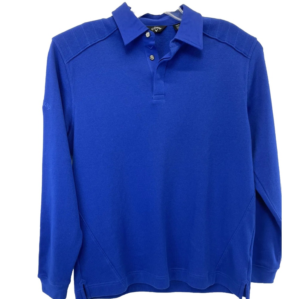 Callaway Mens Medium Waffle Knit Blue L/S Golf Polo Shirt (W39) NW/OTs